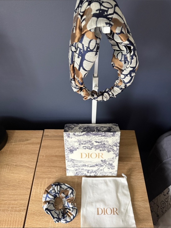 Dior Accessories - Dior Beige and Navy Logo Silk Headband & Scrunchie Set